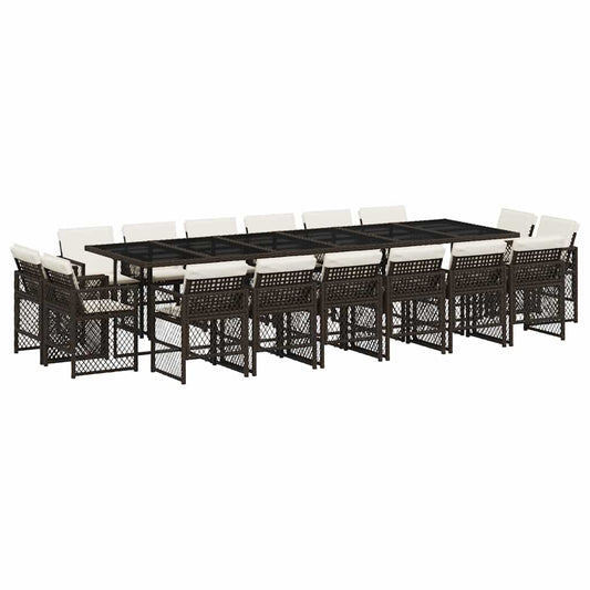 17 Piece Garden Dining Set with Cushions Brown Poly Rattan