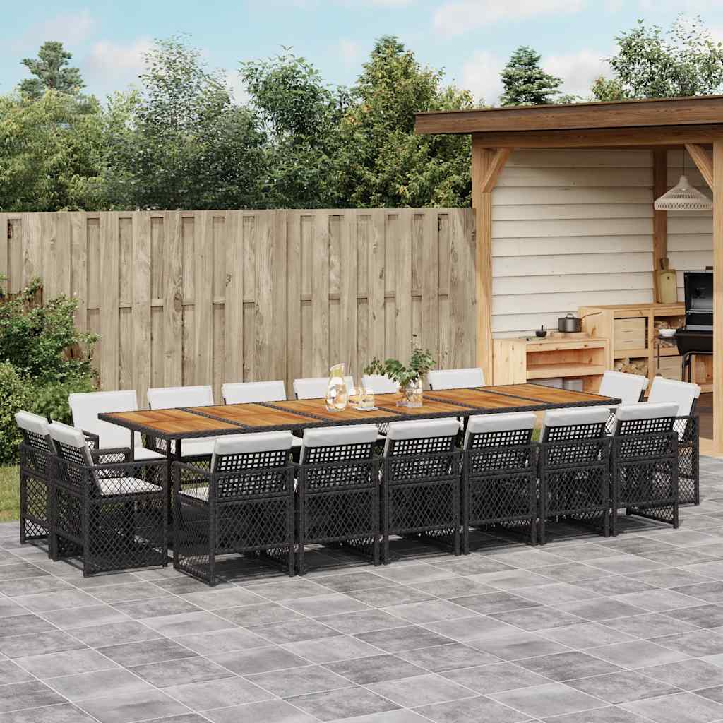 17 Piece Garden Dining Set with Cushions Black Poly Rattan