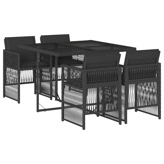 5 Piece Garden Dining Set with Cushions Black Poly Rattan
