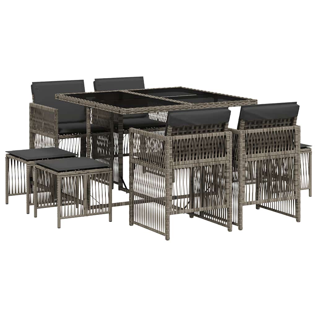9 Piece Garden Dining Set with Cushions Grey Poly Rattan