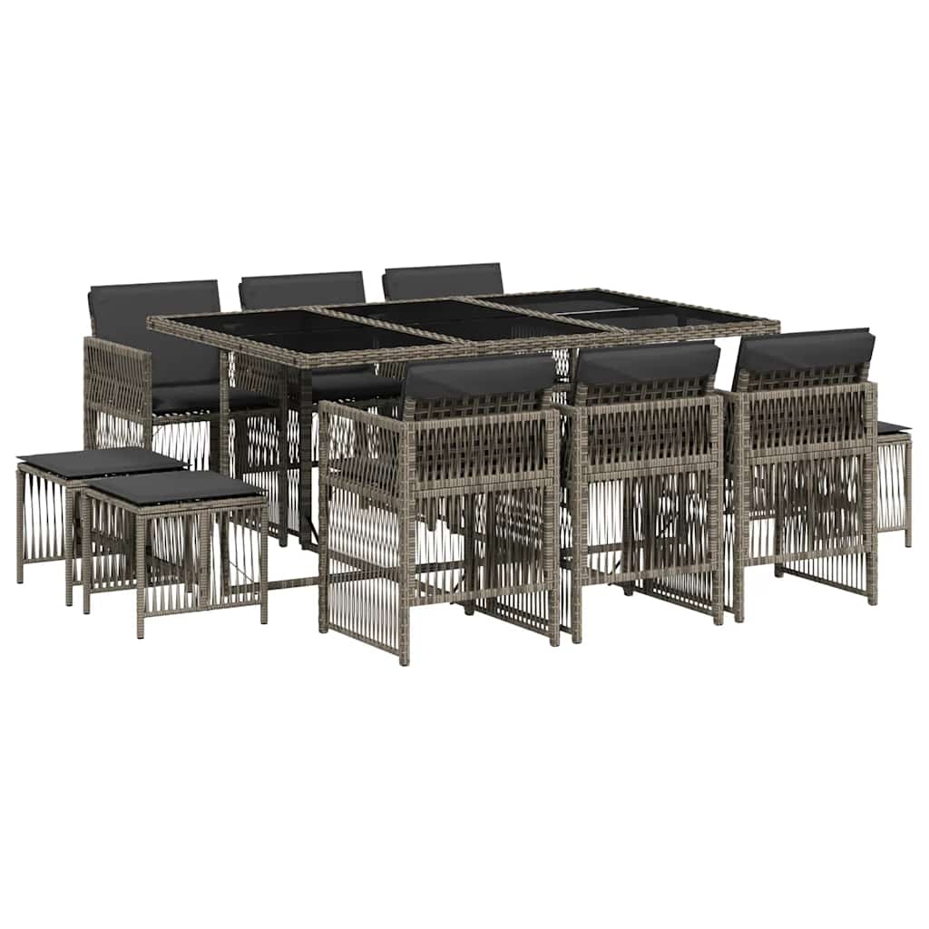 11 Piece Garden Dining Set with Cushions Grey Poly Rattan