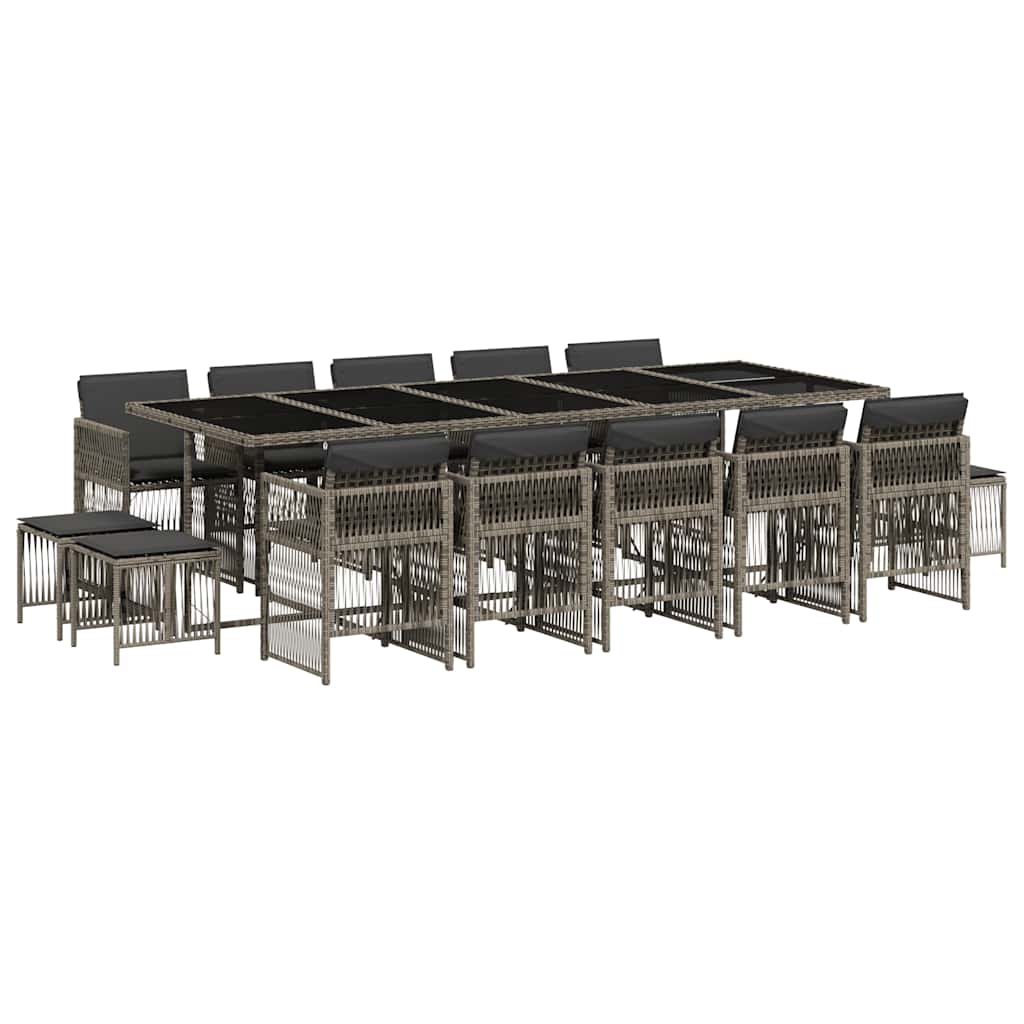 15 Piece Garden Dining Set with Cushions Grey Poly Rattan