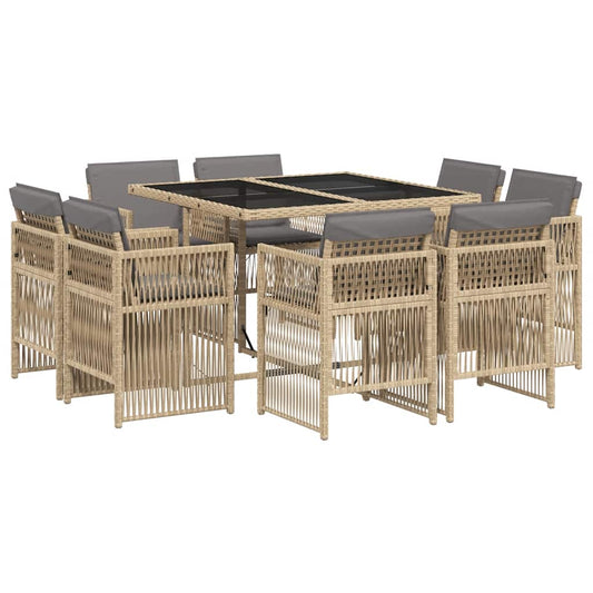 9 Piece Garden Dining Set with Cushions Mix Beige Poly Rattan
