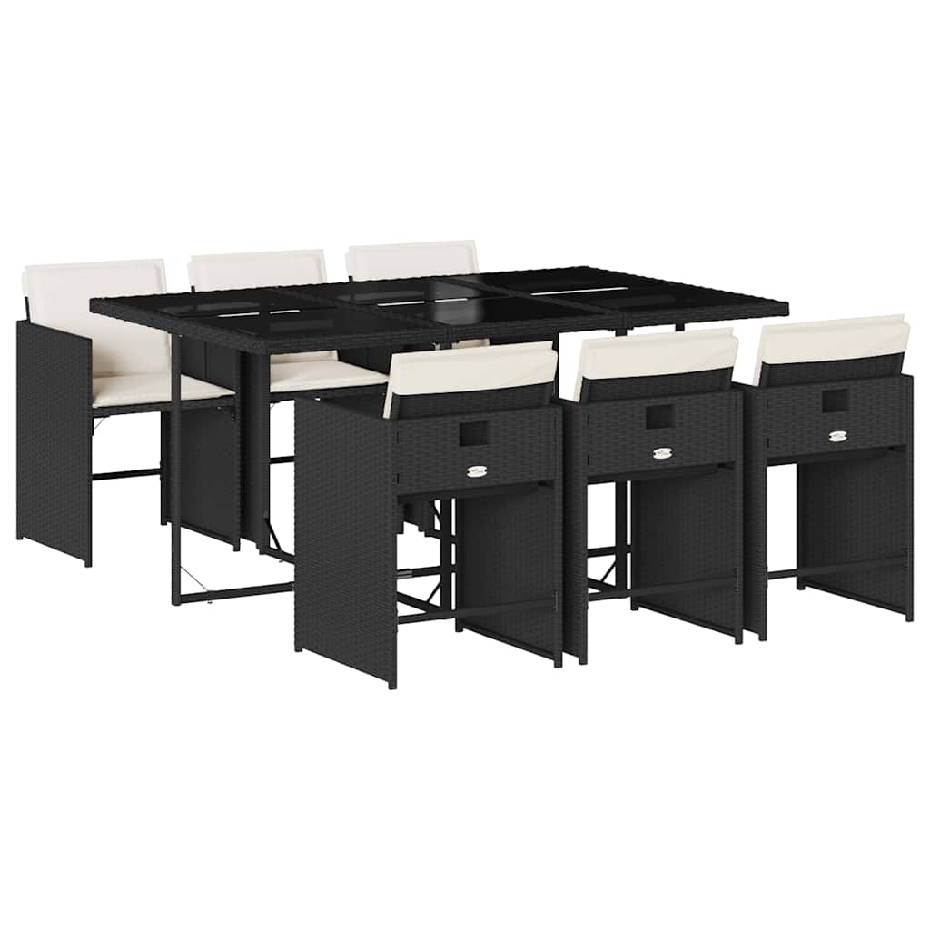 7 Piece Patio Dining Set with Cushions Black Poly Rattan