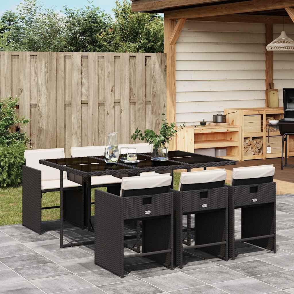 7 Piece Patio Dining Set with Cushions Black Poly Rattan