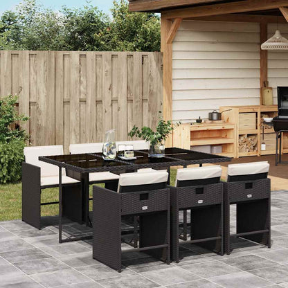 7 Piece Patio Dining Set with Cushions Black Poly Rattan