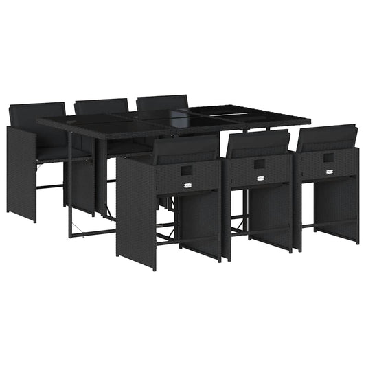 7 Piece Garden Dining Set with Cushions Black Poly Rattan