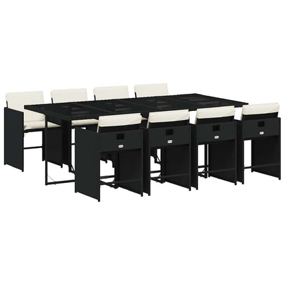 9 Piece Patio Dining Set with Cushions Black Poly Rattan