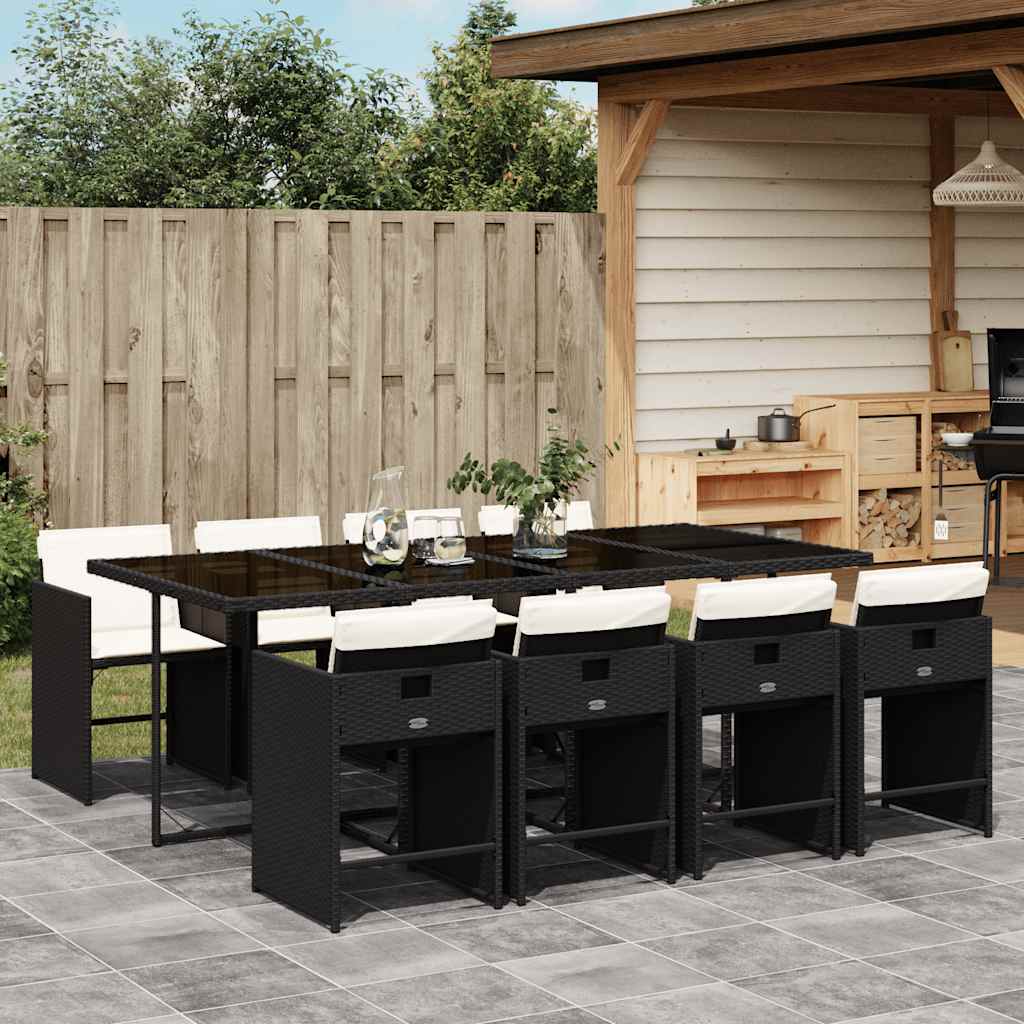 9 Piece Patio Dining Set with Cushions Black Poly Rattan