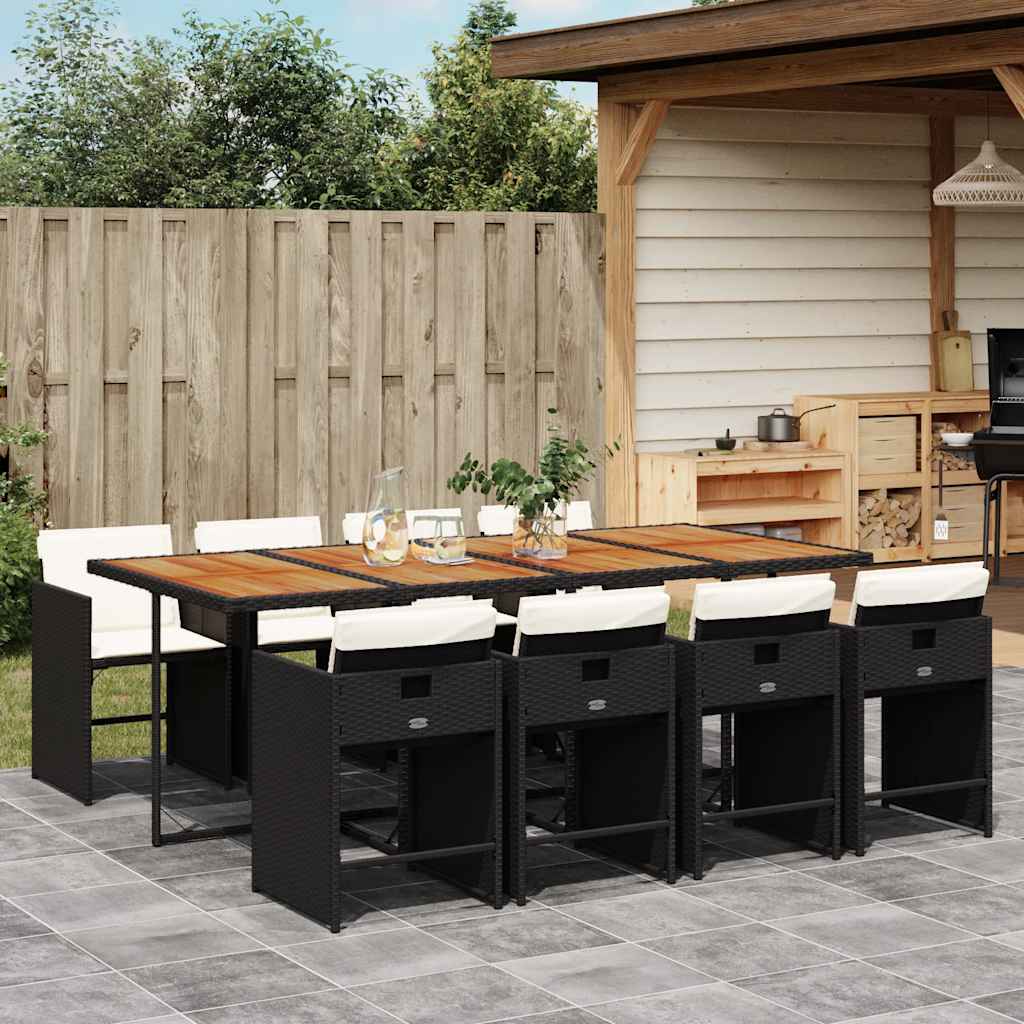 9 Piece Patio Dining Set with Cushions Black Poly Rattan