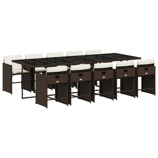 11 Piece Garden Dining Set with Cushions Brown Poly Rattan