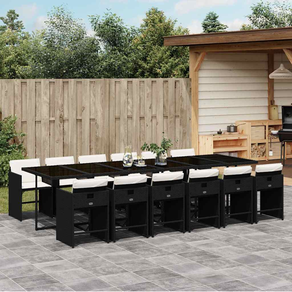 13 Piece Patio Dining Set with Cushions Black Poly Rattan