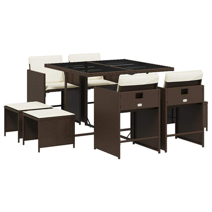 9 Piece Garden Dining Set with Cushions Brown Poly Rattan