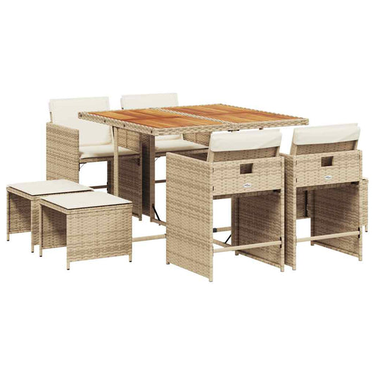 9 Piece Garden Dining Set with Cushions Beige Poly Rattan