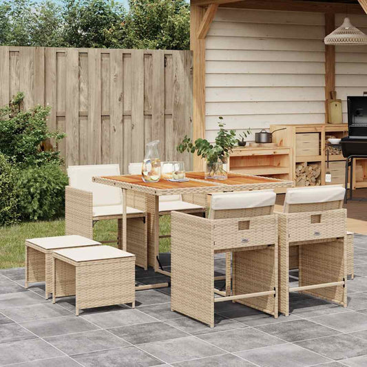 9 Piece Garden Dining Set with Cushions Beige Poly Rattan