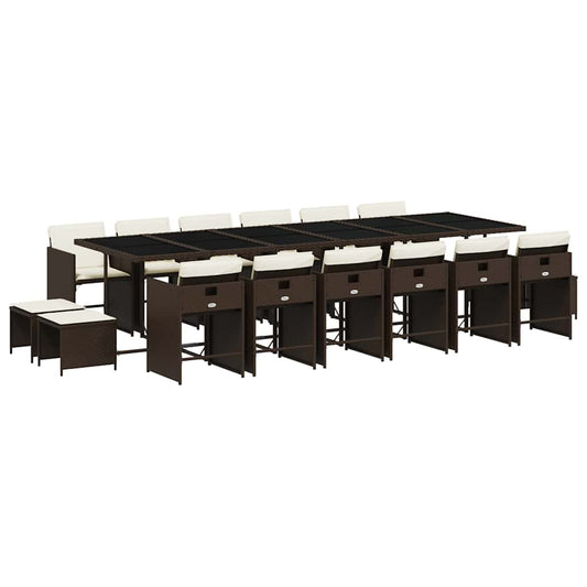 17 Piece Garden Dining Set with Cushions Brown Poly Rattan