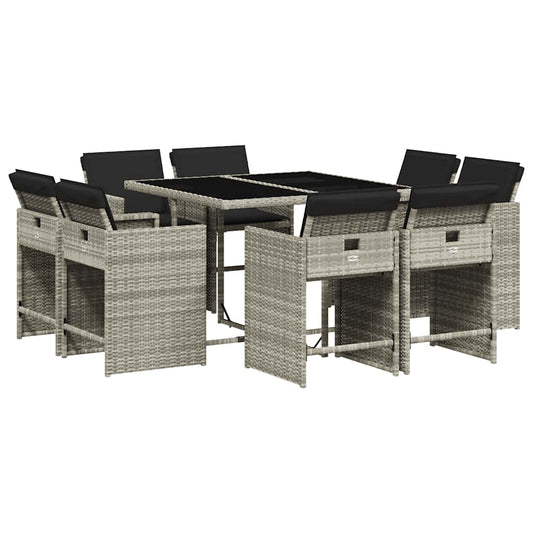 9 Piece Garden Dining Set with Cushions Light Grey Poly Rattan