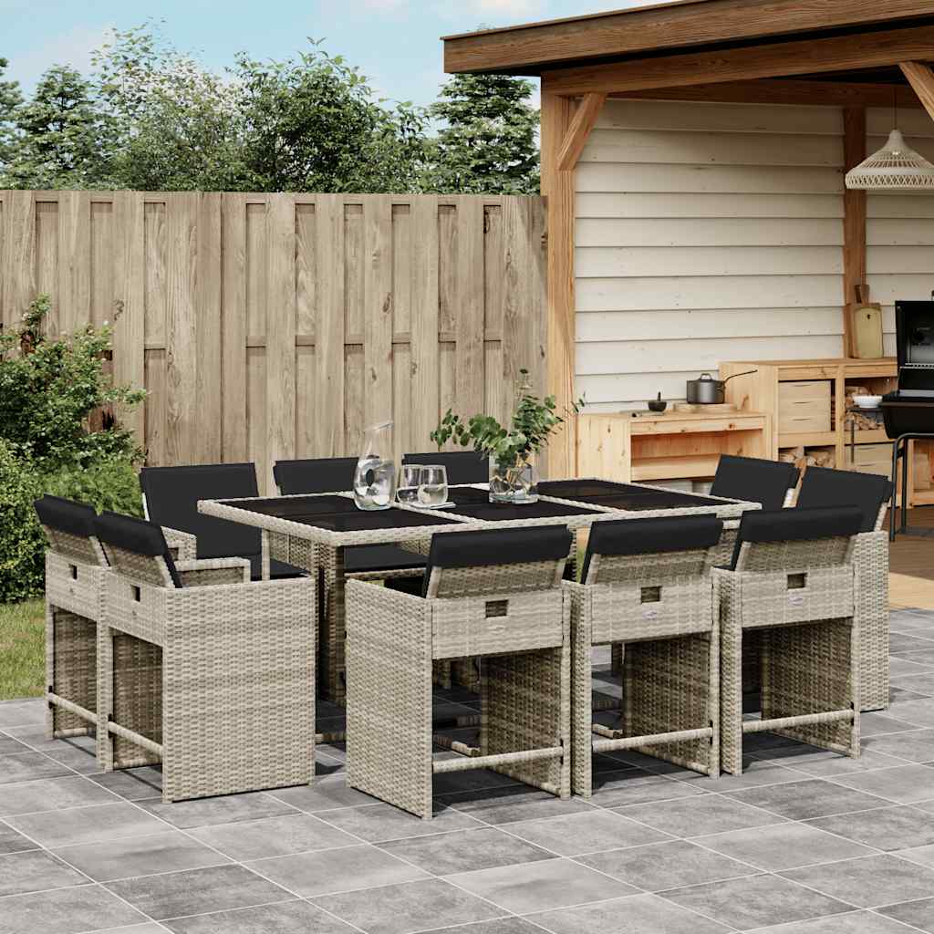 11 Piece Garden Dining Set with Cushions Light Grey Poly Rattan