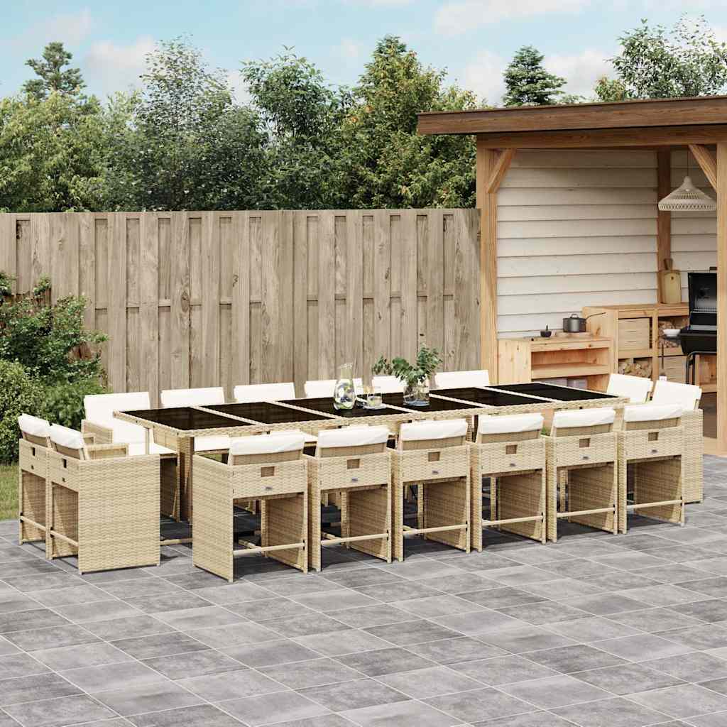 17 Piece Garden Dining Set with Cushions Beige Poly Rattan