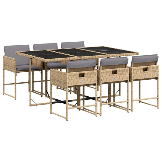 7 Piece Garden Dining Set with Cushions Mix Beige Poly Rattan
