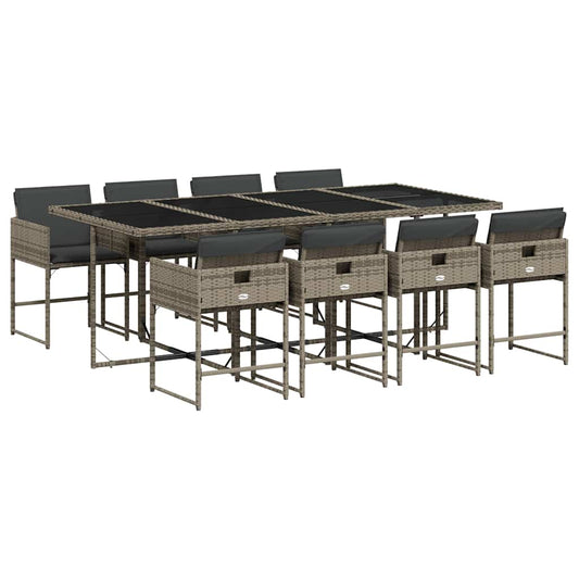 9 Piece Garden Dining Set with Cushions Grey Poly Rattan