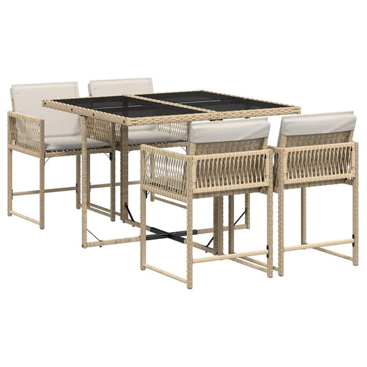 5 Piece Garden Dining Set with Cushions Beige Poly Rattan
