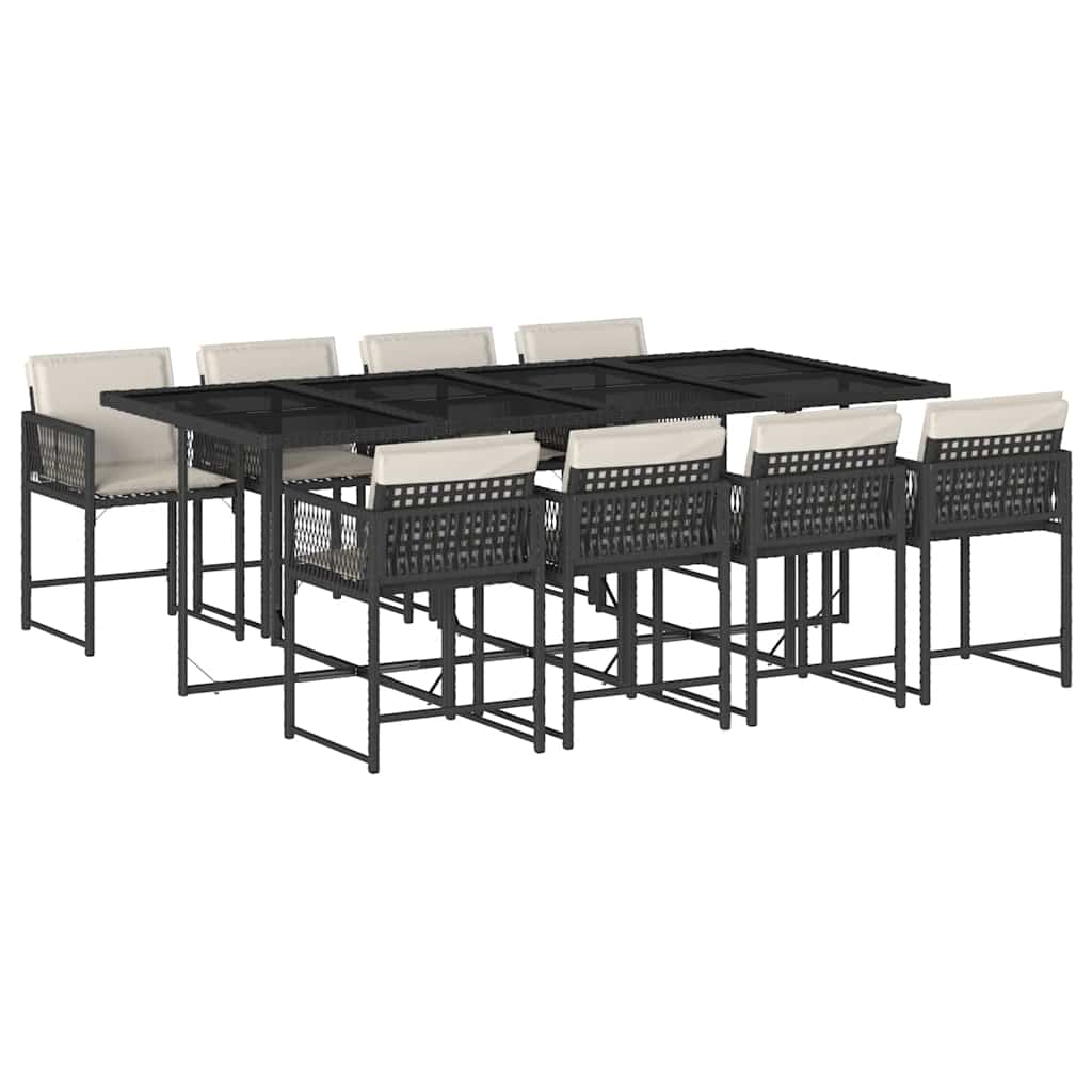 9 Piece Patio Dining Set with Cushions Black Poly Rattan