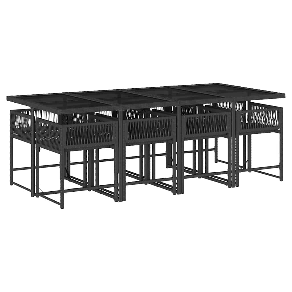 9 Piece Patio Dining Set with Cushions Black Poly Rattan