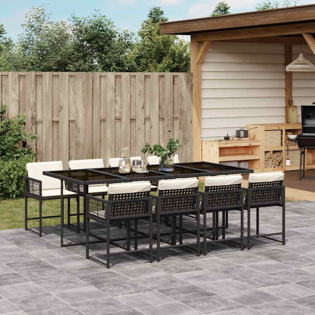 9 Piece Patio Dining Set with Cushions Black Poly Rattan