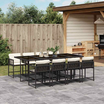 9 Piece Patio Dining Set with Cushions Black Poly Rattan