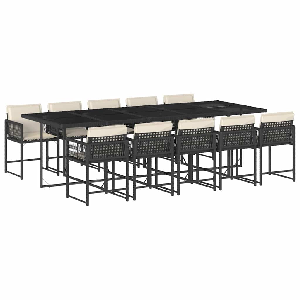 11 Piece Patio Dining Set with Cushions Black Poly Rattan