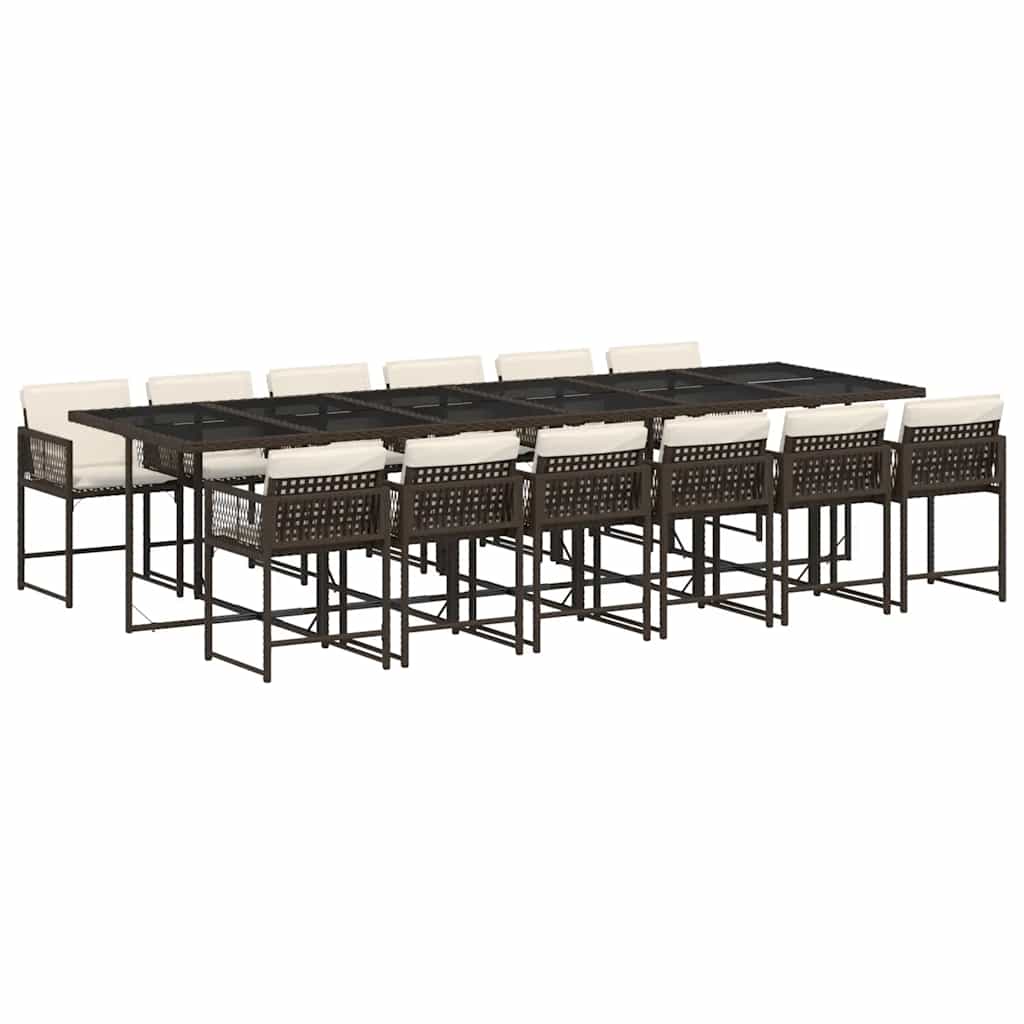 13 Piece Garden Dining Set with Cushions Brown Poly Rattan
