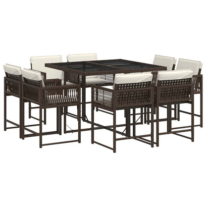 9 Piece Garden Dining Set with Cushions Brown Poly Rattan