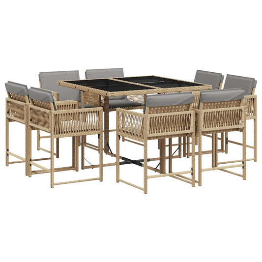 9 Piece Garden Dining Set with Cushions Mix Beige Poly Rattan