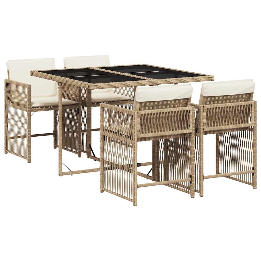 5 Piece Garden Dining Set with Cushions Beige Poly Rattan