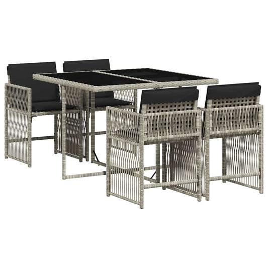 5 Piece Garden Dining Set with Cushions Light Grey Poly Rattan