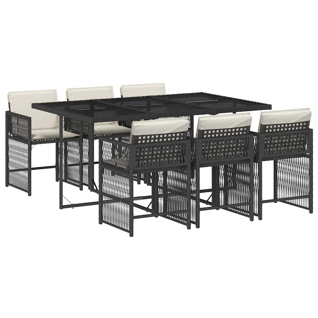 7 Piece Patio Dining Set with Cushions Black Poly Rattan