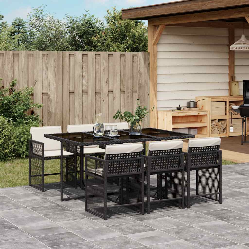 7 Piece Patio Dining Set with Cushions Black Poly Rattan