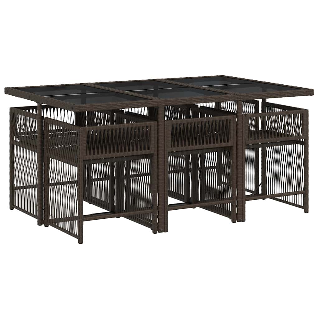 7 Piece Garden Dining Set with Cushions Brown Poly Rattan