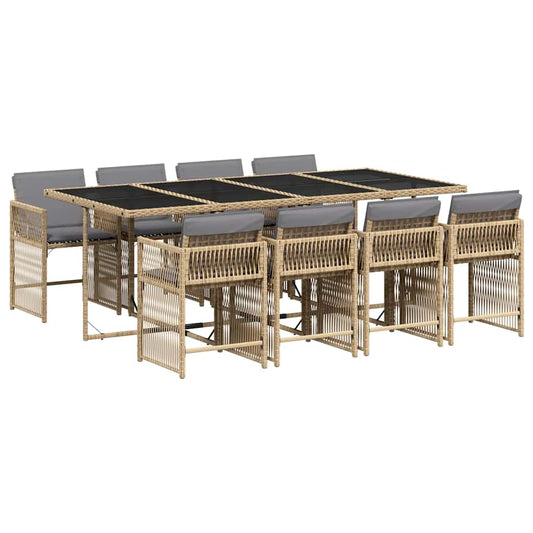 9 Piece Garden Dining Set with Cushions Mix Beige Poly Rattan