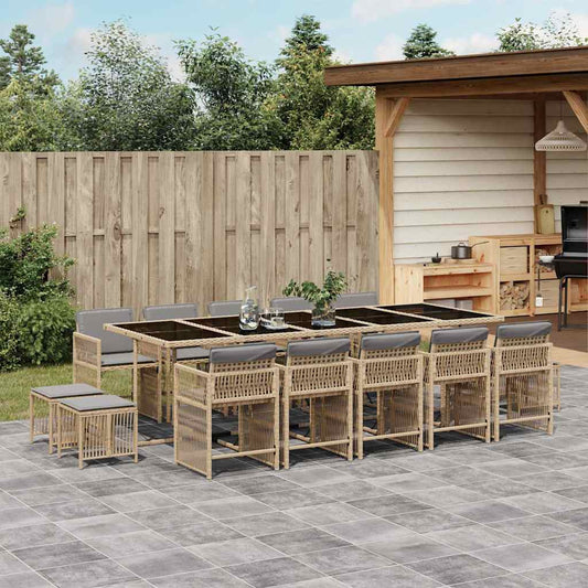15 Piece Garden Dining Set with Cushions Mix Beige Poly Rattan