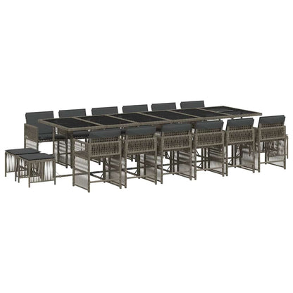 17 Piece Garden Dining Set with Cushions Grey Poly Rattan
