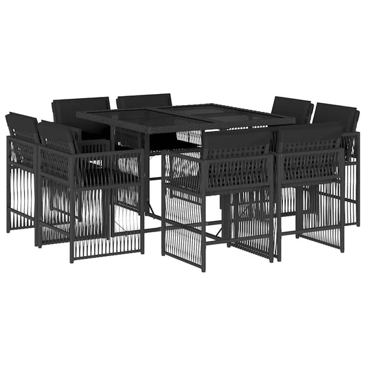9 Piece Garden Dining Set with Cushions Black Poly Rattan