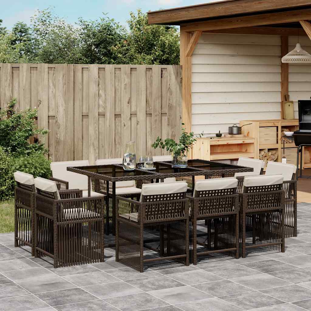 11 Piece Garden Dining Set with Cushions Brown Poly Rattan
