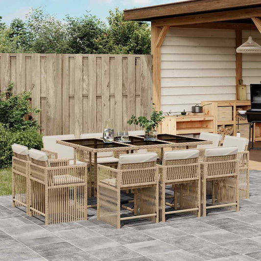 11 Piece Garden Dining Set with Cushions Beige Poly Rattan