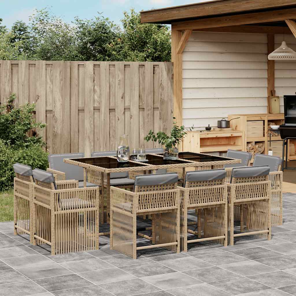 11 Piece Garden Dining Set with Cushions Mix Beige Poly Rattan