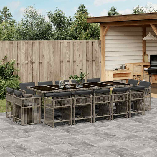15 Piece Garden Dining Set with Cushions Grey Poly Rattan