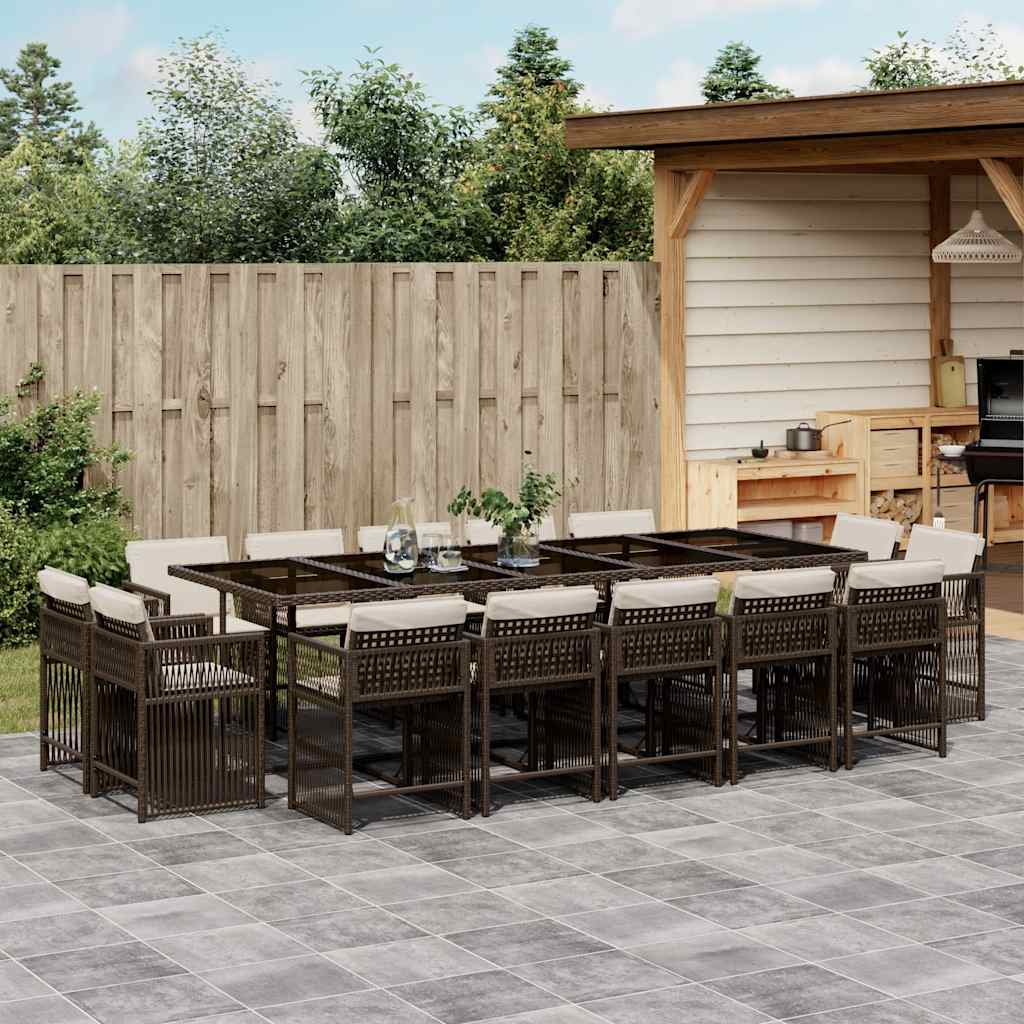 15 Piece Garden Dining Set with Cushions Brown Poly Rattan