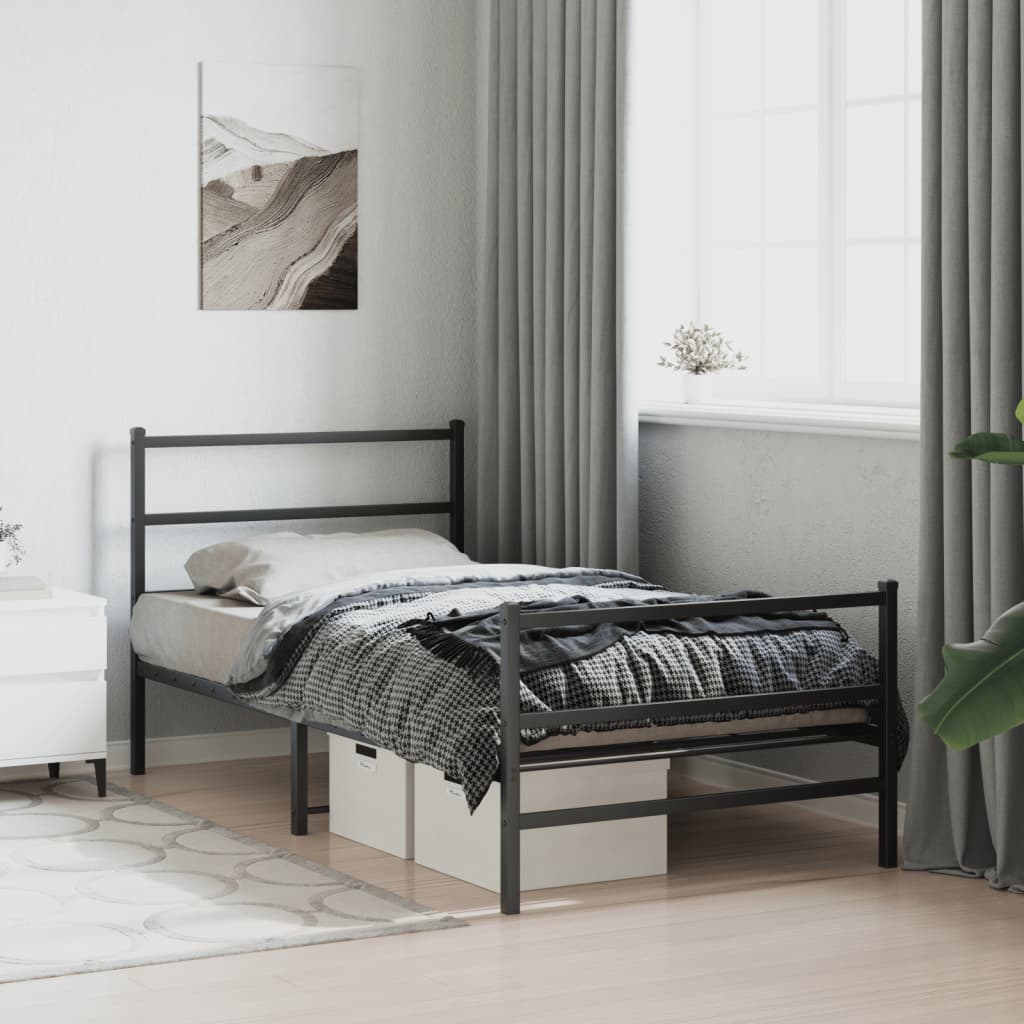 Metal Bed Frame without Mattress with Footboard Black 107x203cm