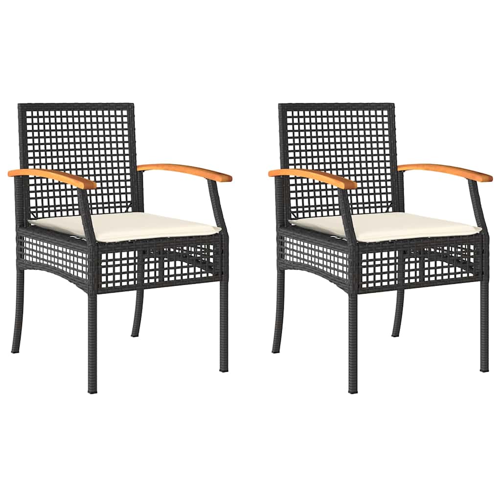 Patio Chairs with Cushions 2 pcs Black Poly Rattan Acacia Wood